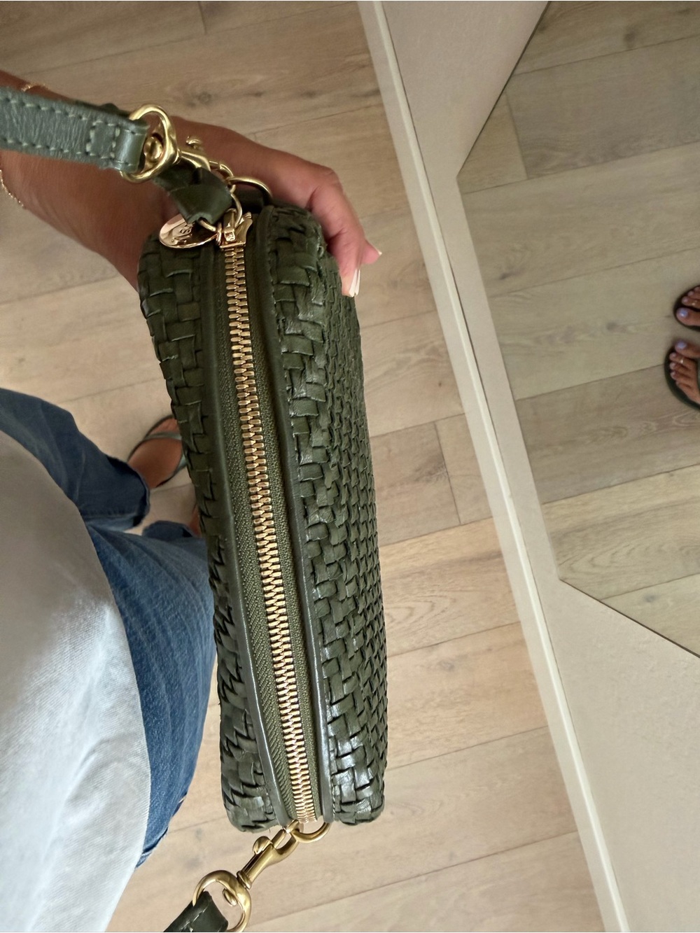 Clare V Olive Green Herringbone Woven Leather Midi Sac Crossbody Bag EUC - Picture 8 of 11